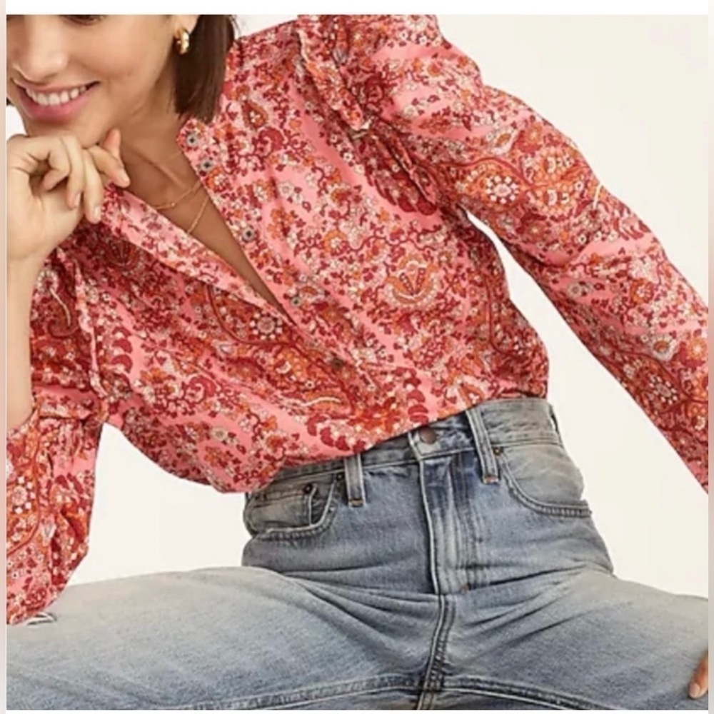 J. Crew Puff-sleeve paisley Ruffle neck Pink Red Boho Blouse Size XL